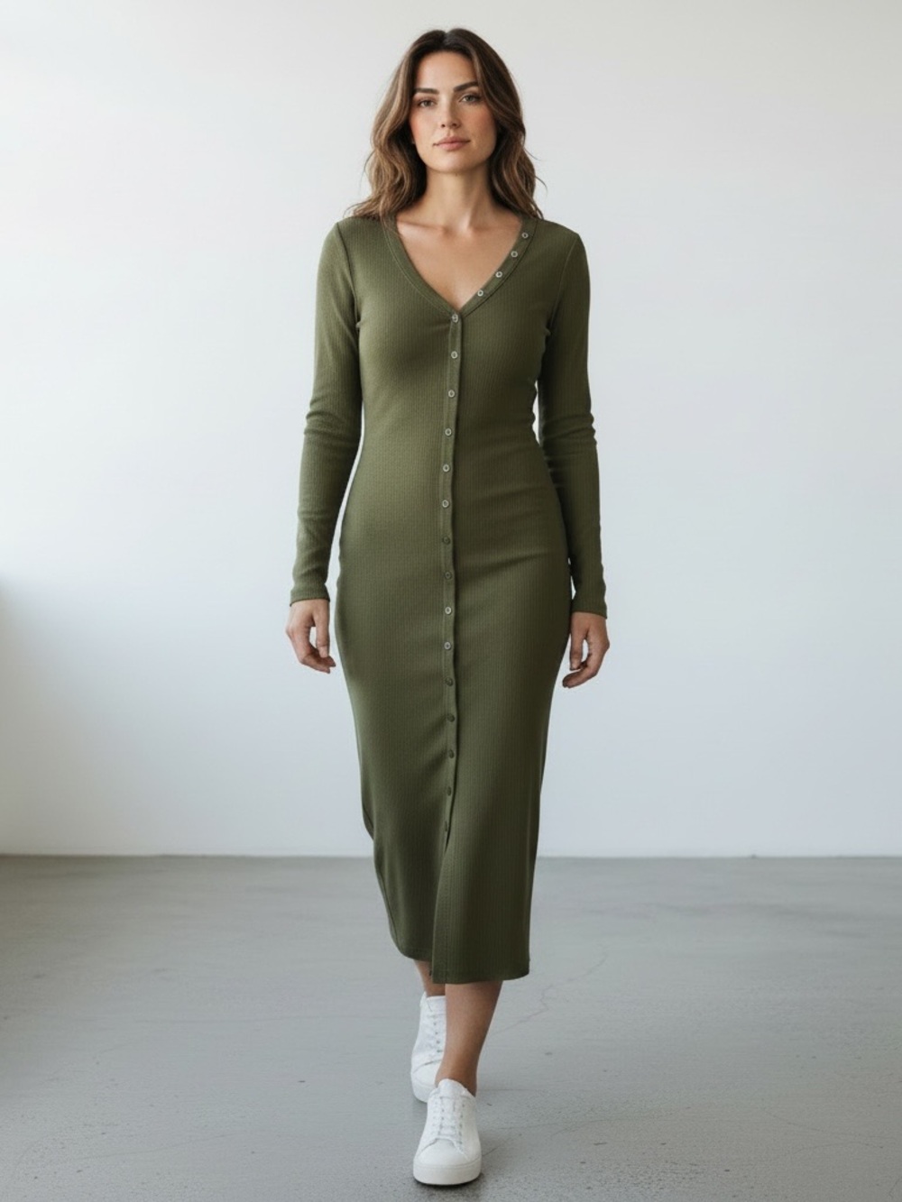 The Range Henley Rib Knit Long Sleeve Midi Dress Button Down Green Small